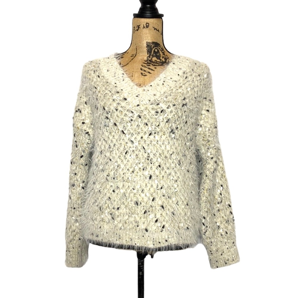 Chelsea & Violet Shaggy V-Neck Cream Sweater S